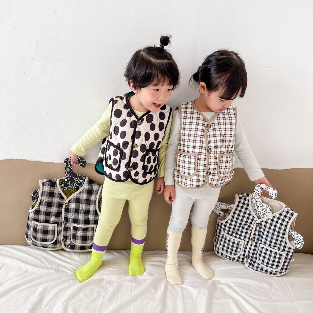 Áo Khoác Ghi Lê Không Tay Chất Liệu Cotton Dày Dặn Họa Tiết Sọc Caro Phong Cách Hàn Quốc Thời Trang Thu Đông Mới Cho Bé Trai Và Gái