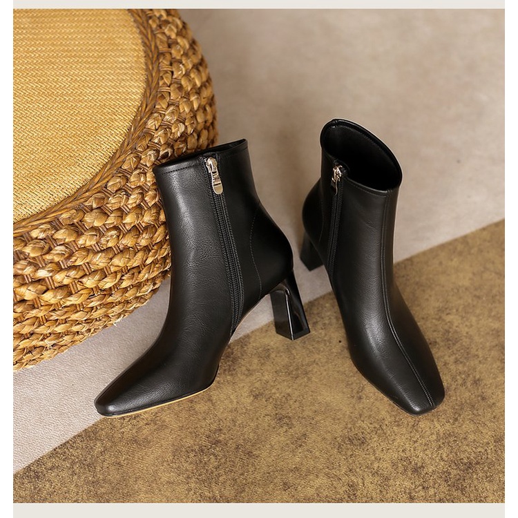 Giày Boot Cao Gót Mũi Vuông Phối Khóa Kéo Thời Trang Sành Điệu