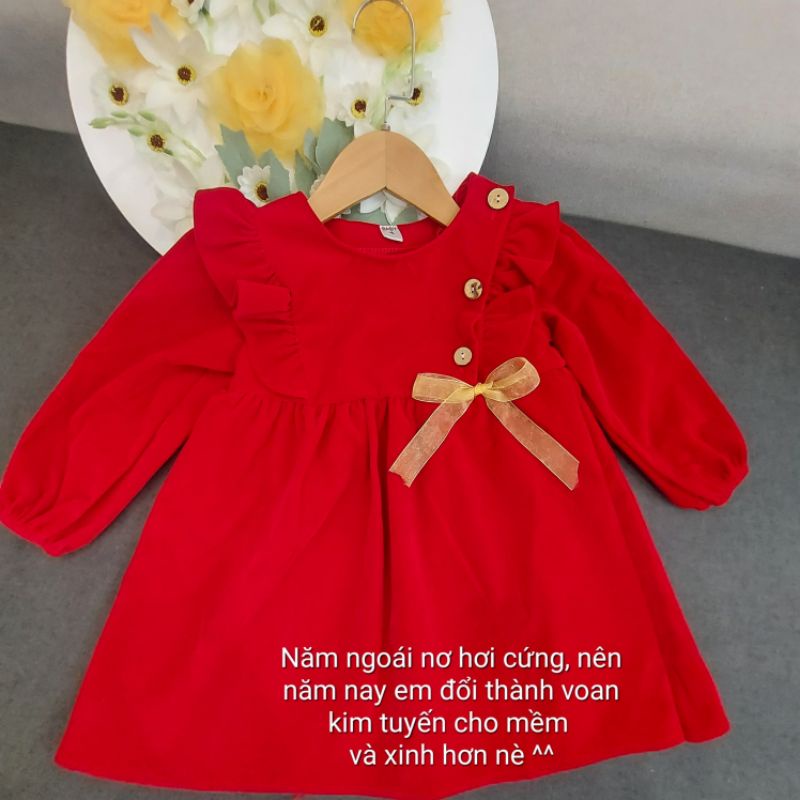 Váy nhung babydoll thắt nơ xinh xắn cho bé gái 8- 15kg