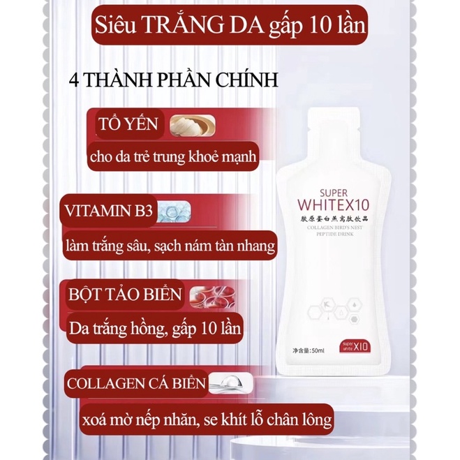 NƯỚC UỐNG TRẮNG DA TOÀN THÂN WHITE x 10, đẹp da đẹp tóc, Collagen, yến tươi, vitamin C hoa quả