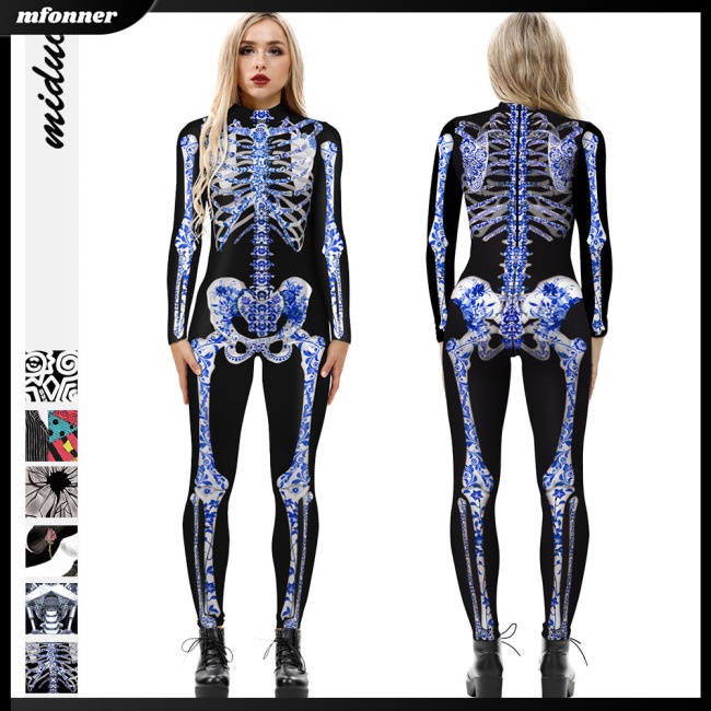 Bộ Áo Liền Quần Dài Tay In Hình Bộ Xương 3d Nhiều Màu Sắc Hóa Trang Halloween