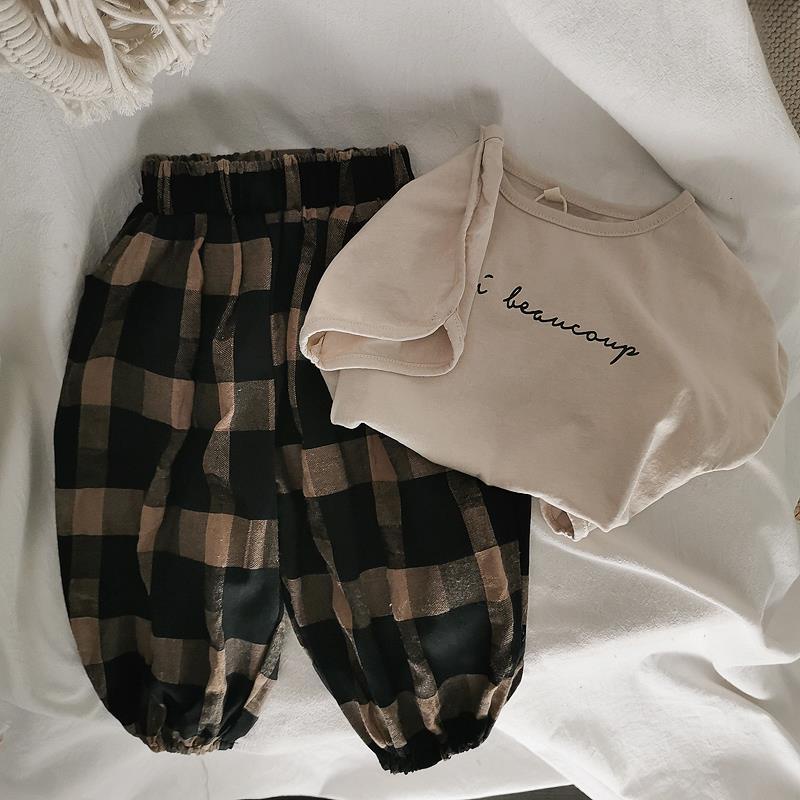 Set Áo Croptop + Quần Dài Kẻ Sọc Caro Màu Sắc retro Cho Bé