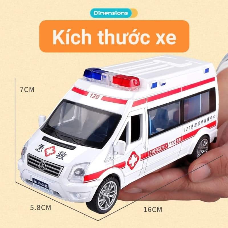 Mô hình xe cứu thương kim loại âm thanh đèn mở 5 cửa có cán cứu thương