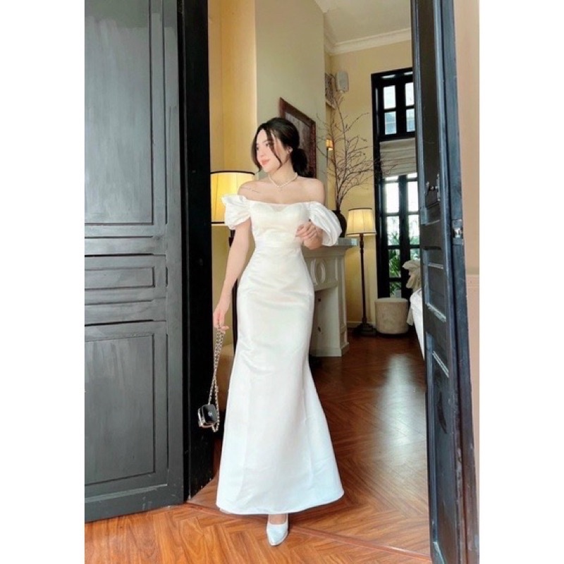 Đầm dự tiệc màu trắng phom body đuôi cá MITRIE váy cưới đi bàn