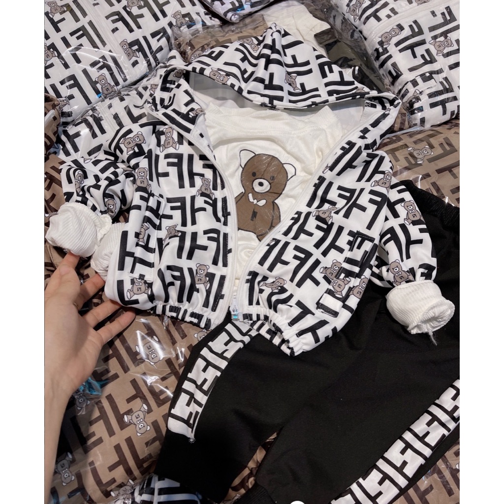 Quần áo thu đông bé trai, Sét 3 chi tiết họa tiết gấu F.F in tràn cho bé