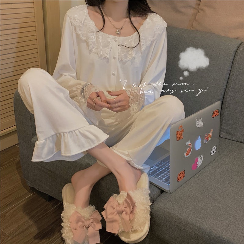 Bộ Đồ Ngủ Tay Dài Cổ Búp Bê Màu Trơn Ngọt Ngào Thời Trang Xuân Thu Cho Nữ