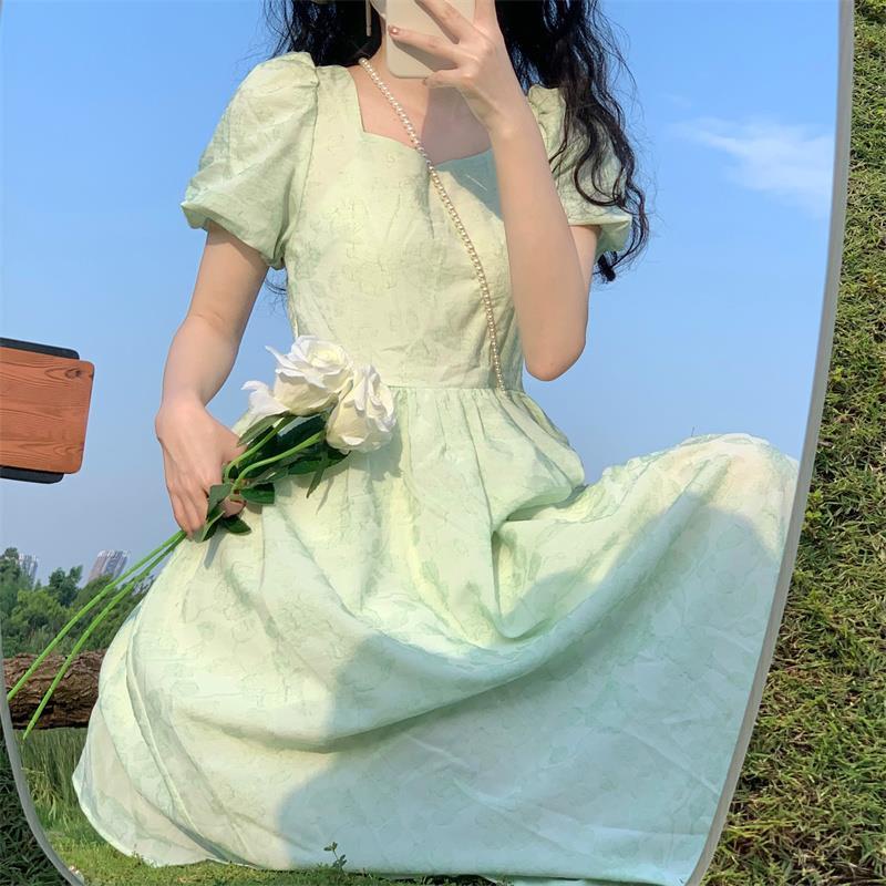 Đầm Cổ Vuông Eo Co Giãn Đính Nơ Màu Xanh Lá Thời Trang Mùa Hè Hàn Quốc Cho Nữ