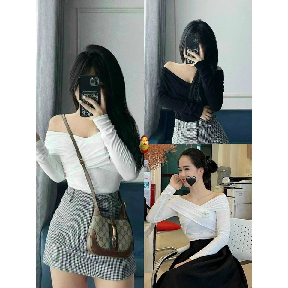 Áo kiểu nữ đắp chéo trễ vai tay dài chất thun bozip hot