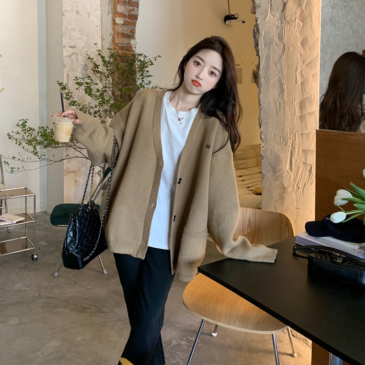 ZHELIHANGFEI Áo Cardigan Dệt Kim Tay Dài Cổ Chữ V Thiết Kế Dáng Rộng Thoải Mái