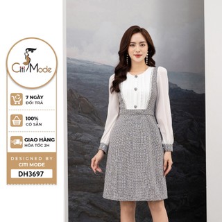 Đầm công sở CITI MODE FASHION thiết kế dáng A trắng dài tay phối chân dạ DH3697