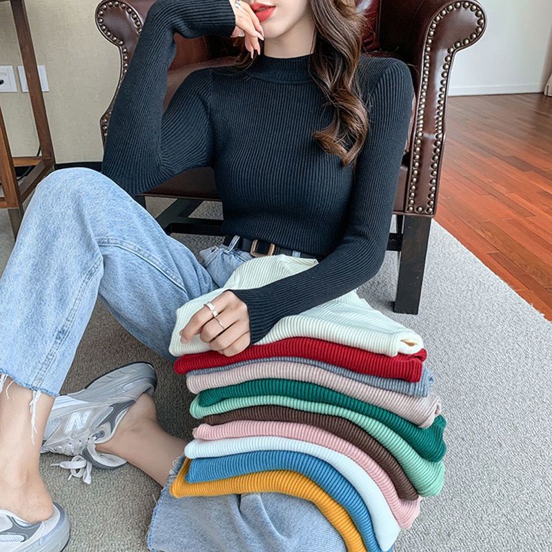 Áo Dệt Kim Mỏng Cổ Cao Tay Dài Màu Trơn Thời Trang Thu Đông Hàn Quốc Mới