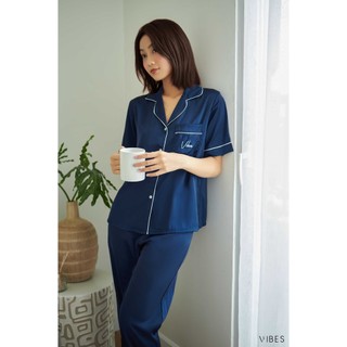 VIBES Đồ bộ Pijama dài Lụa trơn cao cấp Navy Long Py Set