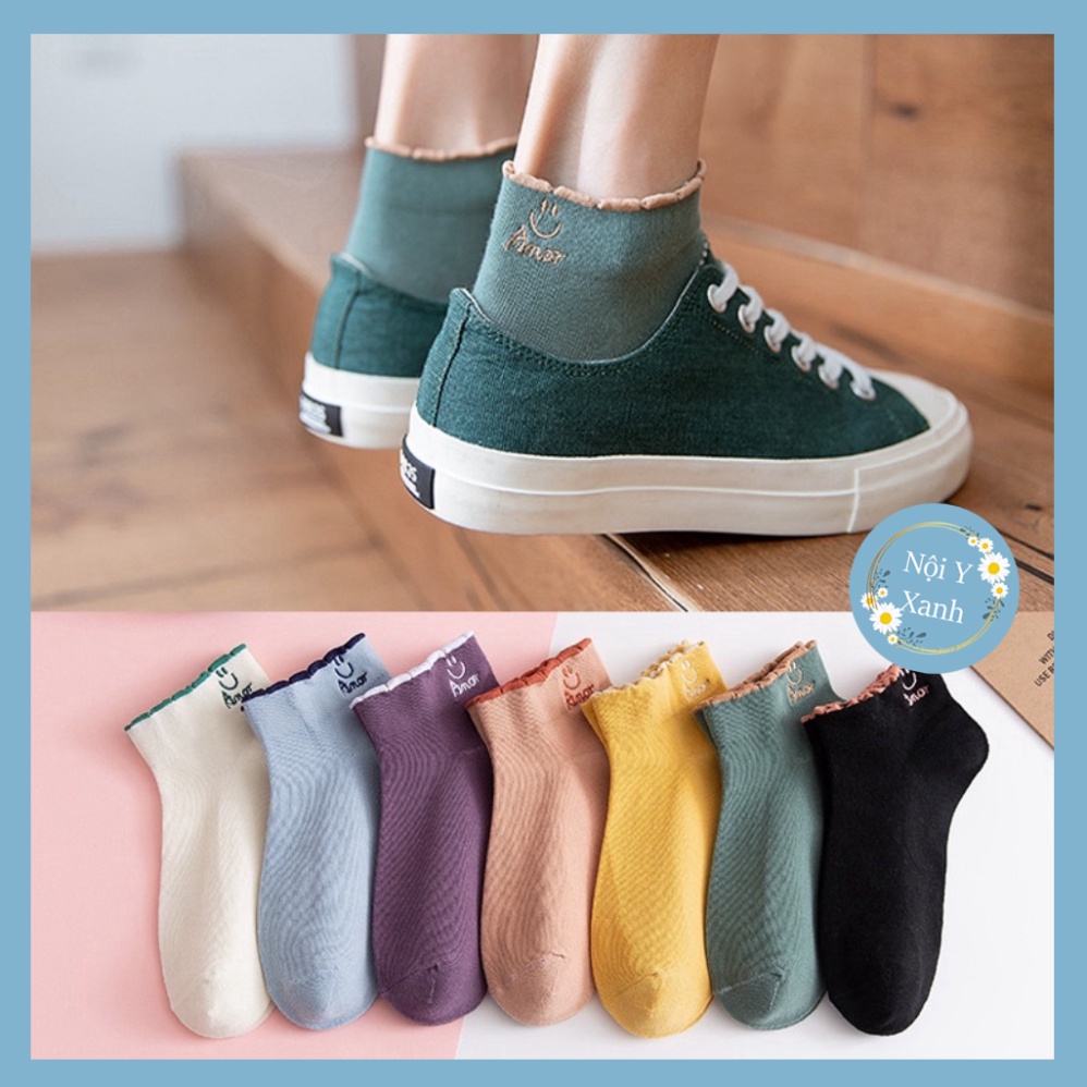 Tất Anor cổ ngắn nữ, vớ nữ mặt cười chất vải cotton co và giãn bốn chiều thoáng khí tt4 nội y xanh, chất ấm, thoáng khí