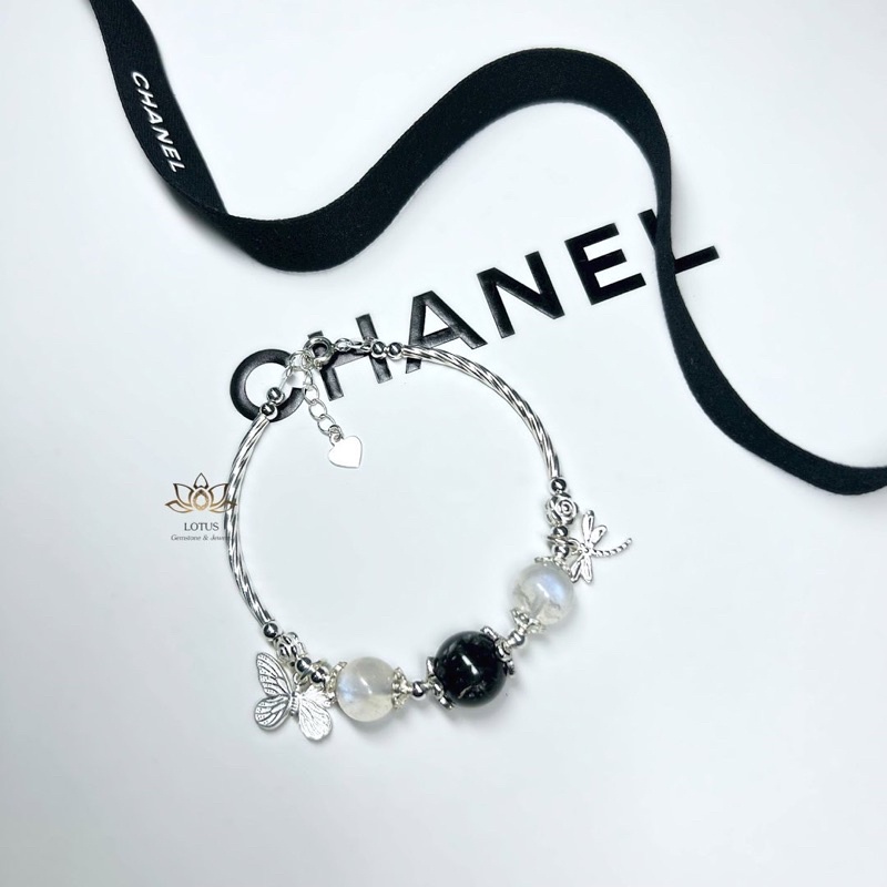 Vòng bạc phối Moonstone và đá Tóc đen