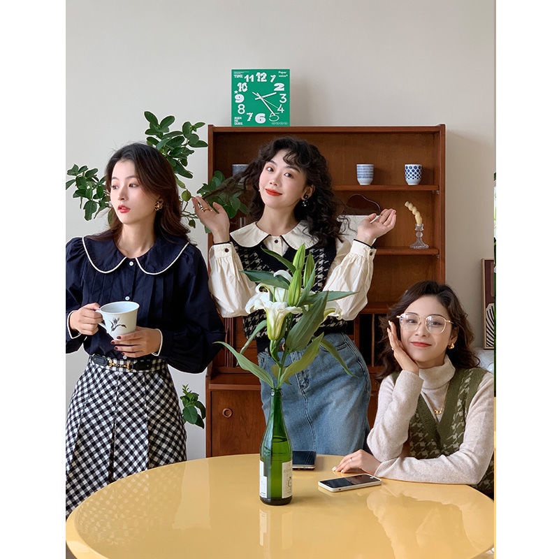 Áo Sơ Mi Cổ Búp Bê Dáng Rộng Màu Sắc Tương Phản Thời Trang Mùa Thu Cho Nữ