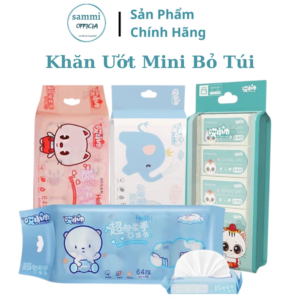 Khăn giấy ướt mini không mùi 1 bịch 8 gói, nhiều hình dễ thương bỏ túi tiện lợi