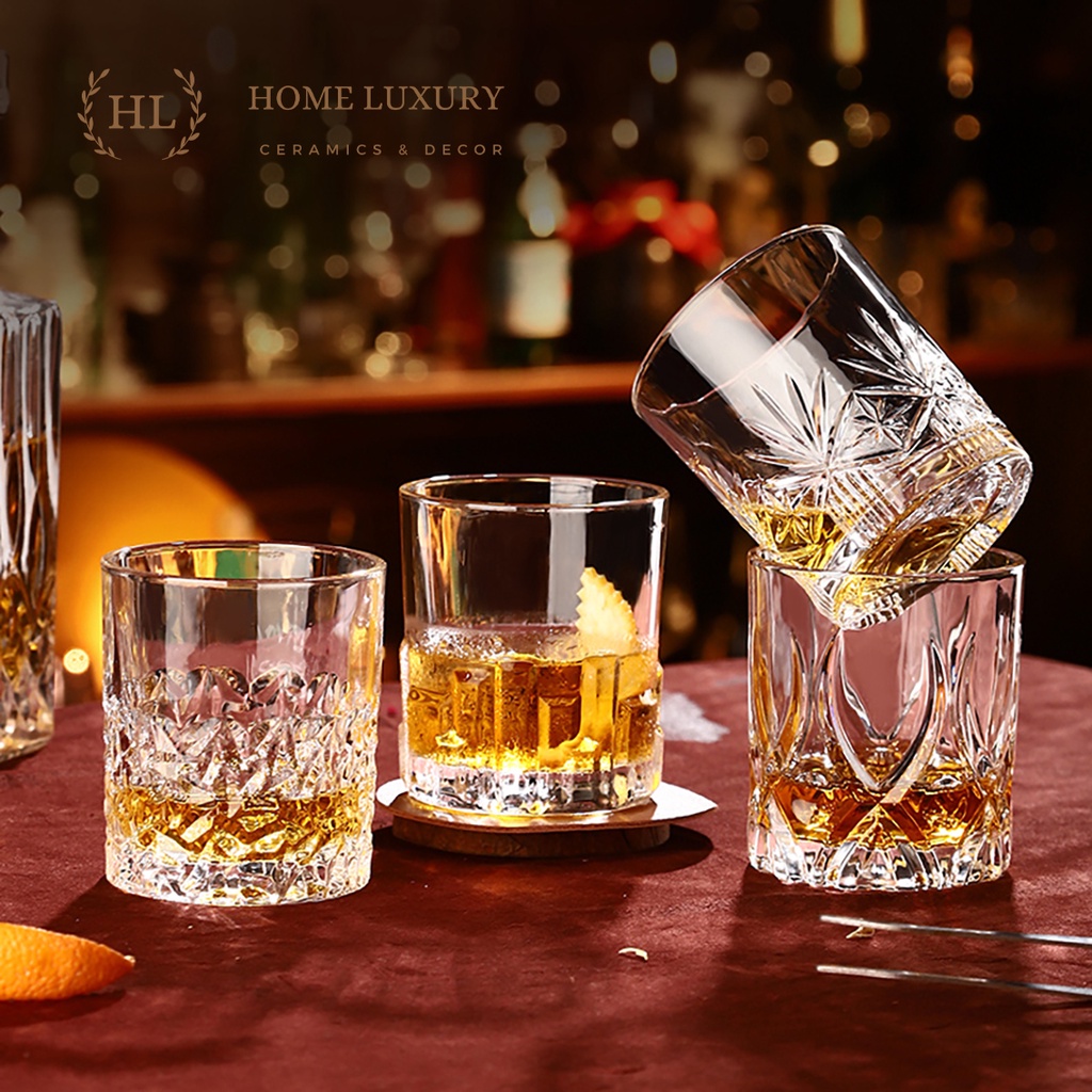 Bộ 6 ly uống WHISKY | Cốc thủy tinh pha lê Cao Cấp | Ly uống rượu mạnh 280ml kiểu dáng họa tiết Tiệp