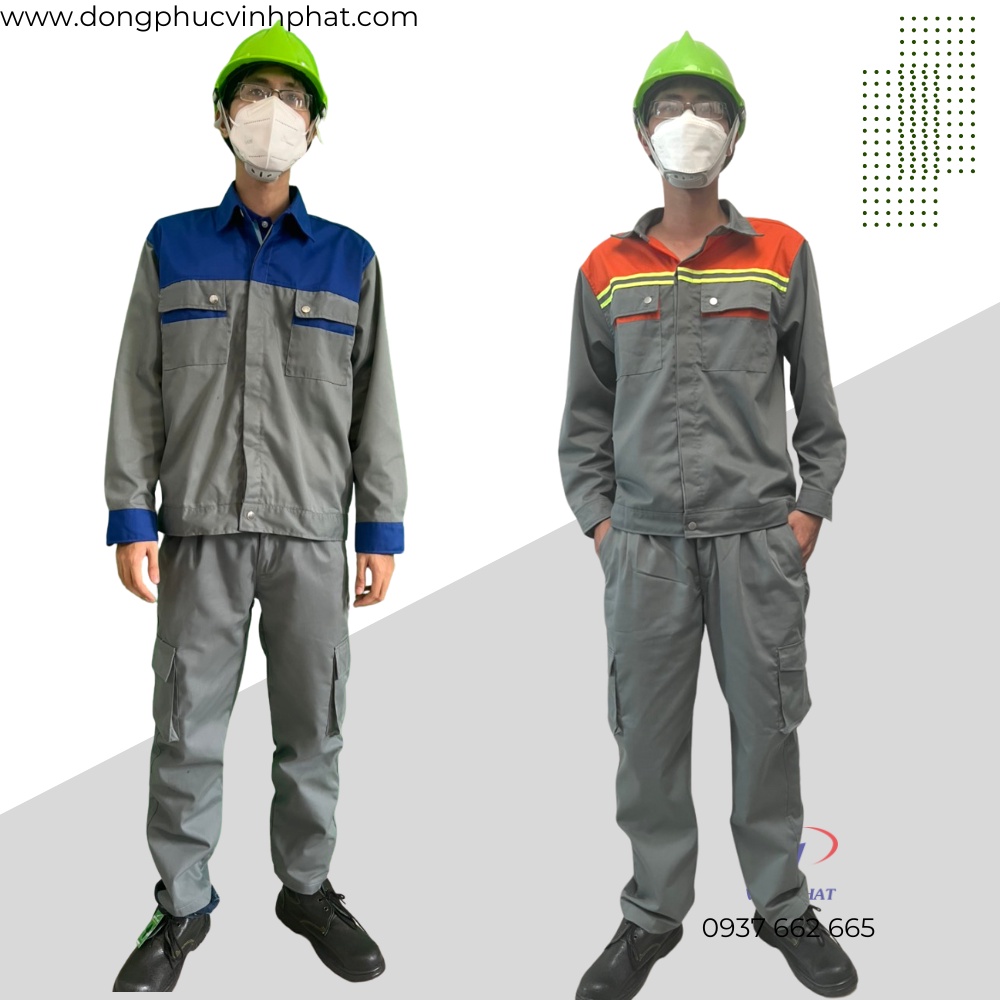 Quần Áo Bảo Hộ Lao Động Màu Xám Túi Hộp Kiểu Phối Xanh Bích Vải Kaki Bền Đẹp Công Nhân Kỹ Sư - Hình thật