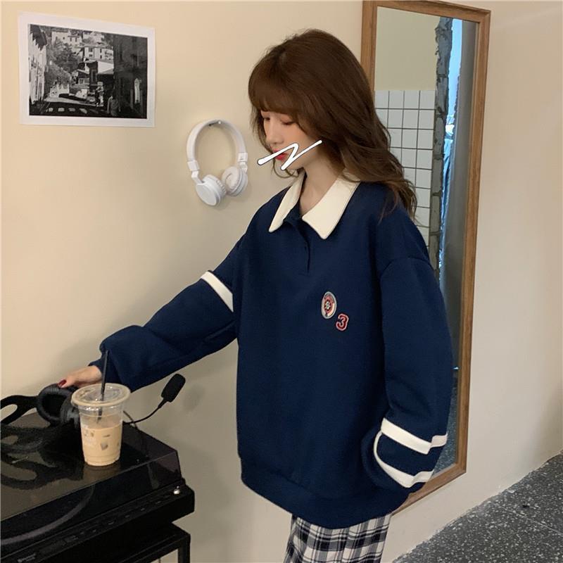 Áo Hoodie Lông Dày Dặn Cổ Bẻ Dáng Rộng In Họa Tiết Phối Nút Thời Trang Hàn Quốc