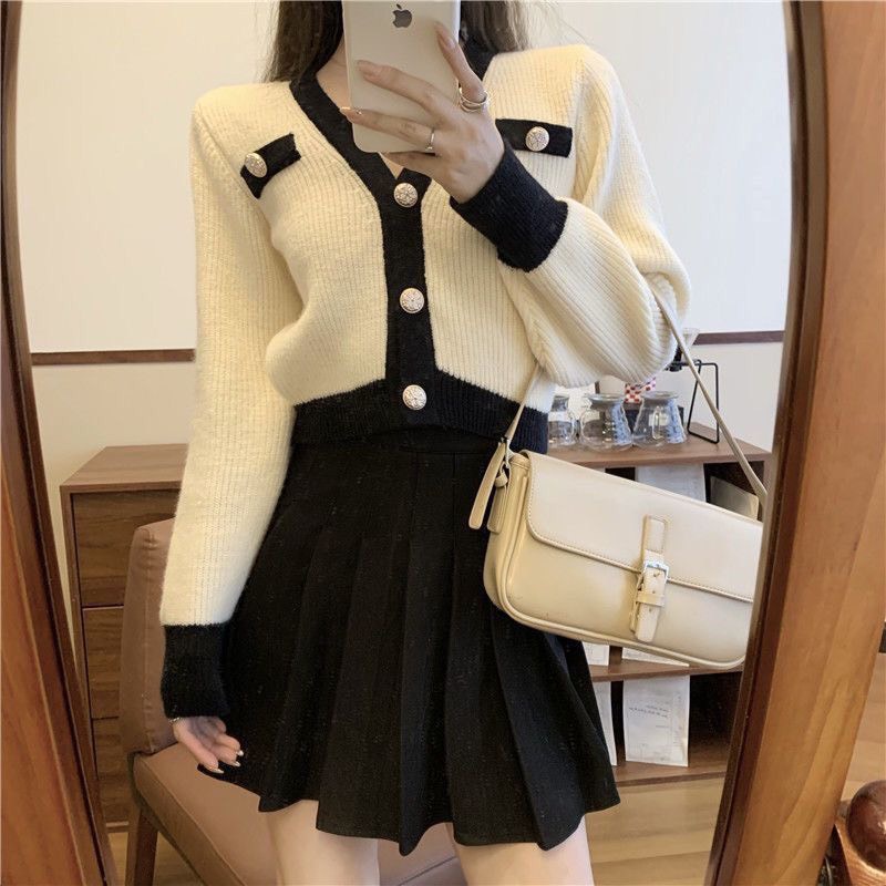 Áo len cardigan nữ hàn quốc phối màu đen trắng kiểu dáng croptop dễ thương