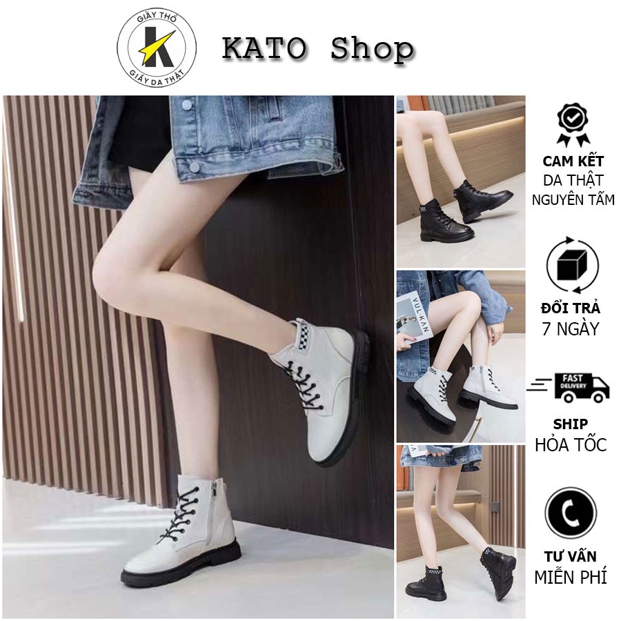 Bốt Nữ Da Bò Cao Cấp - Dáng Dr Combat Mềm Êm - Màu Trắng Đen - KATO Shop K822