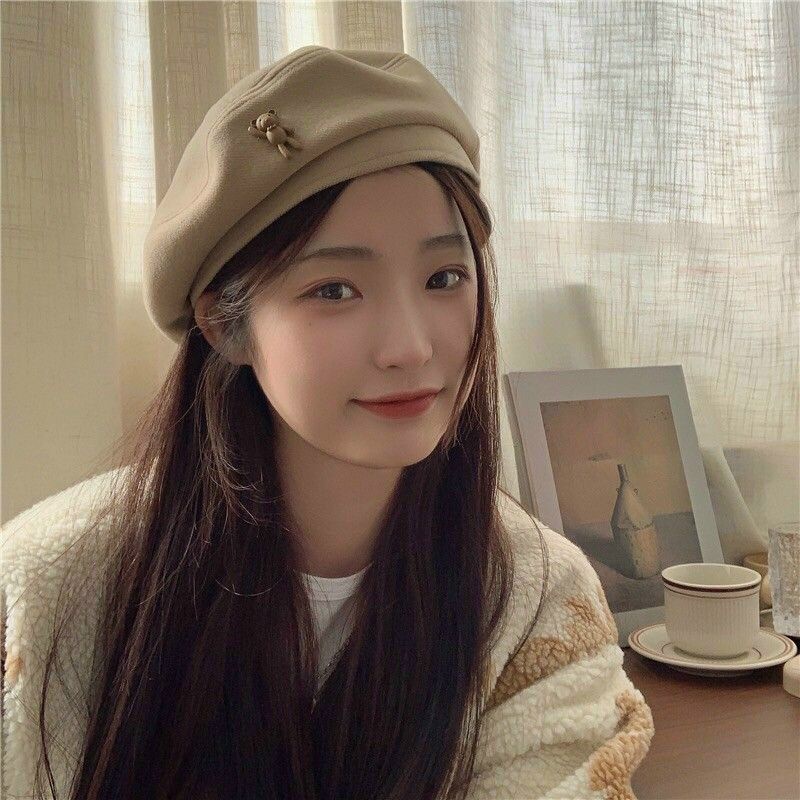 Mũ nồi beret len nâu cao cấp họa tiết gấu phong cách Retro