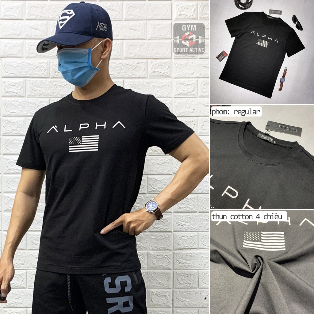 Áo thun nam thể thao áo thun tập gym nam t shirt Alpha thun cotton 4 chiều cao cấp áo cờ mỹ ( ảnh video thực tế )