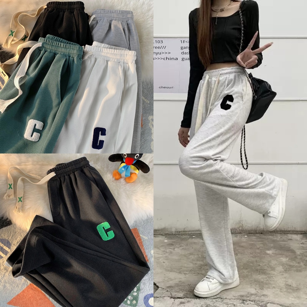 Quần ống rộng chất tổ ong chữ C cao cấp dáng quần Jogger thể thao dây rút cạp chun co giãn dày dặn đi học thể dục ở nhà