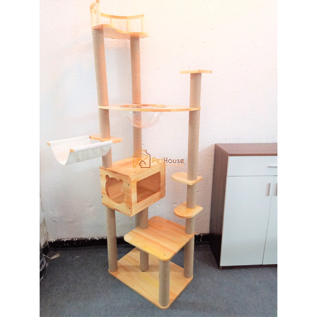 Nhà cây cho mèo đa năng loại lớn có cào móng và nhà nghỉ cattree sản gỗ thông tự nhiên