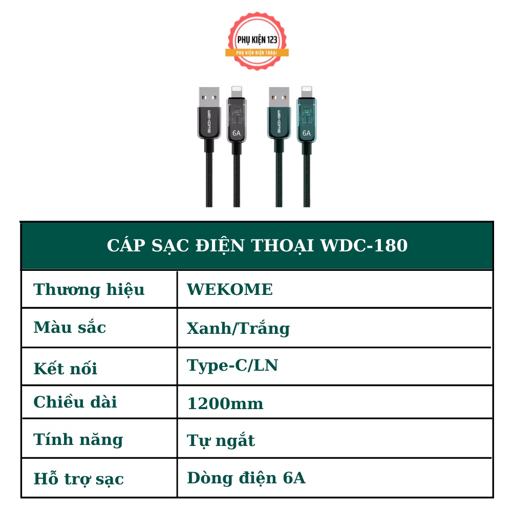 Dây cáp sạc nhanh WEKOME WDC180 chân sạc tương thích Type c - LN chất liệu dây dù tích hợp sạc nhanh 6A