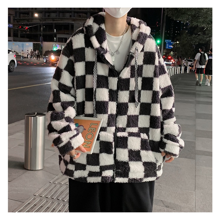 Áo khoác nam dáng rộng, áo khoác lông cừu nam kẻ caro thời trang phong cách Hàn Quốc