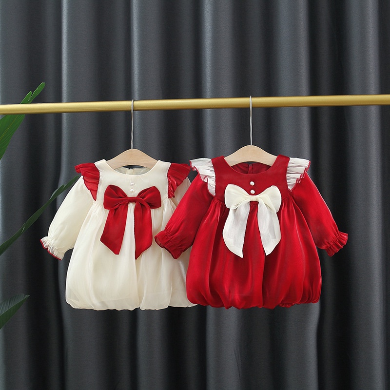 Đầm Tay Cánh Tiên Màu Trơn Đính Nơ Phong Cách Hàn Quốc Thời Trang Xuân Thu Cho Bé Gái 0-3 Tuổi