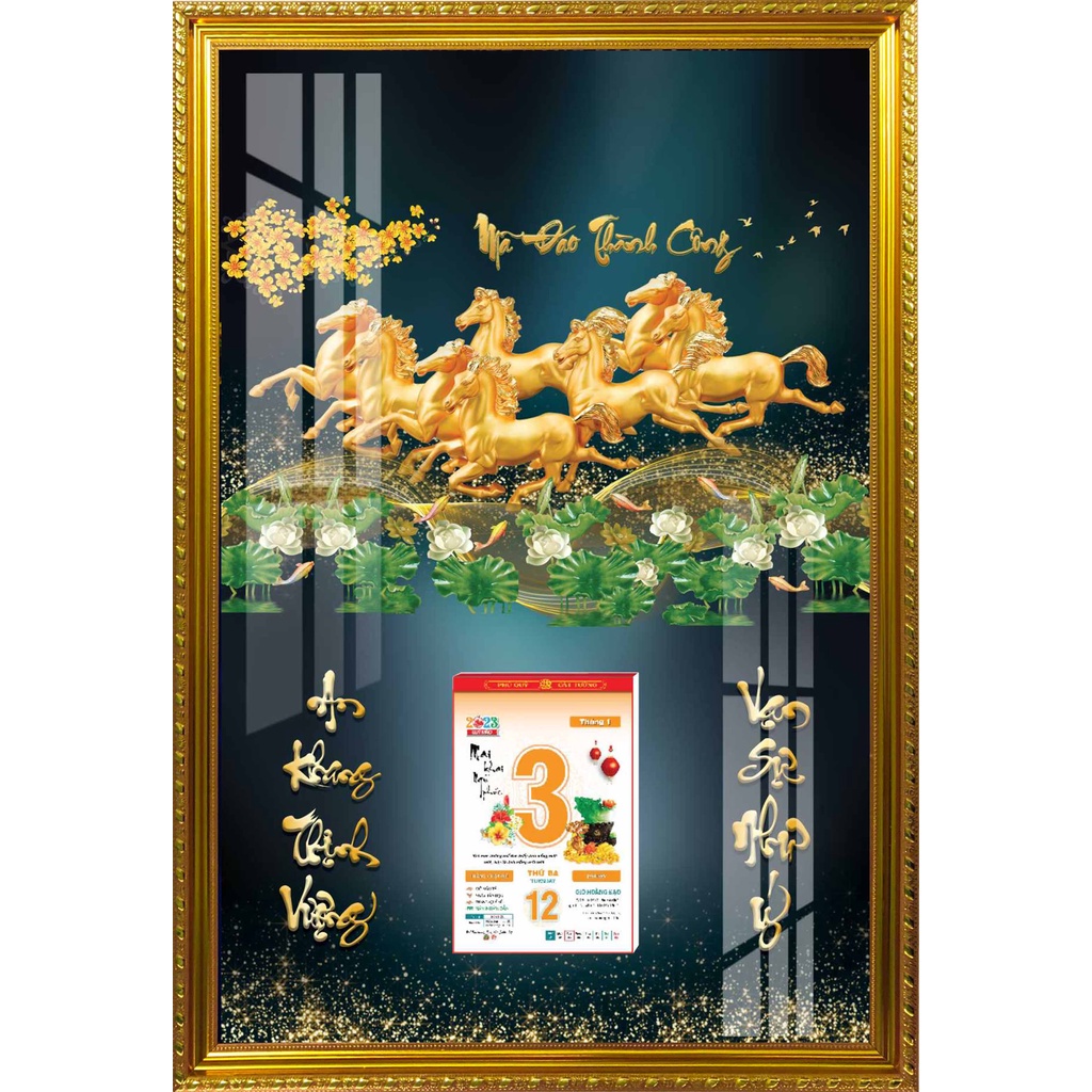 Lịch Gỗ Phù Điêu Khung Vàng Cao Cấp Treo Tường Laminate Tráng Gương 2023 (45 x 65cm) - Mã Đáo Thành Công