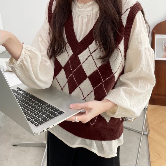 Áo Gile Nữ Cổ V Len Lông Thỏ Họa Tiết Kim Cương Bigsize Phong Cách Hàn Quốc Đi Học Đi Ch