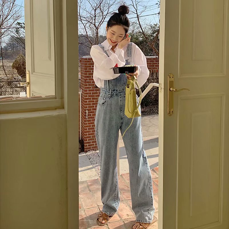 Quần Yếm Denim Xanh Nhạt Dáng Rộng Lưng Cao Phong Cách Hàn Quốc Cổ Điển Thời Trang Mùa Xuân Mới Cho Yếm quần Nữ