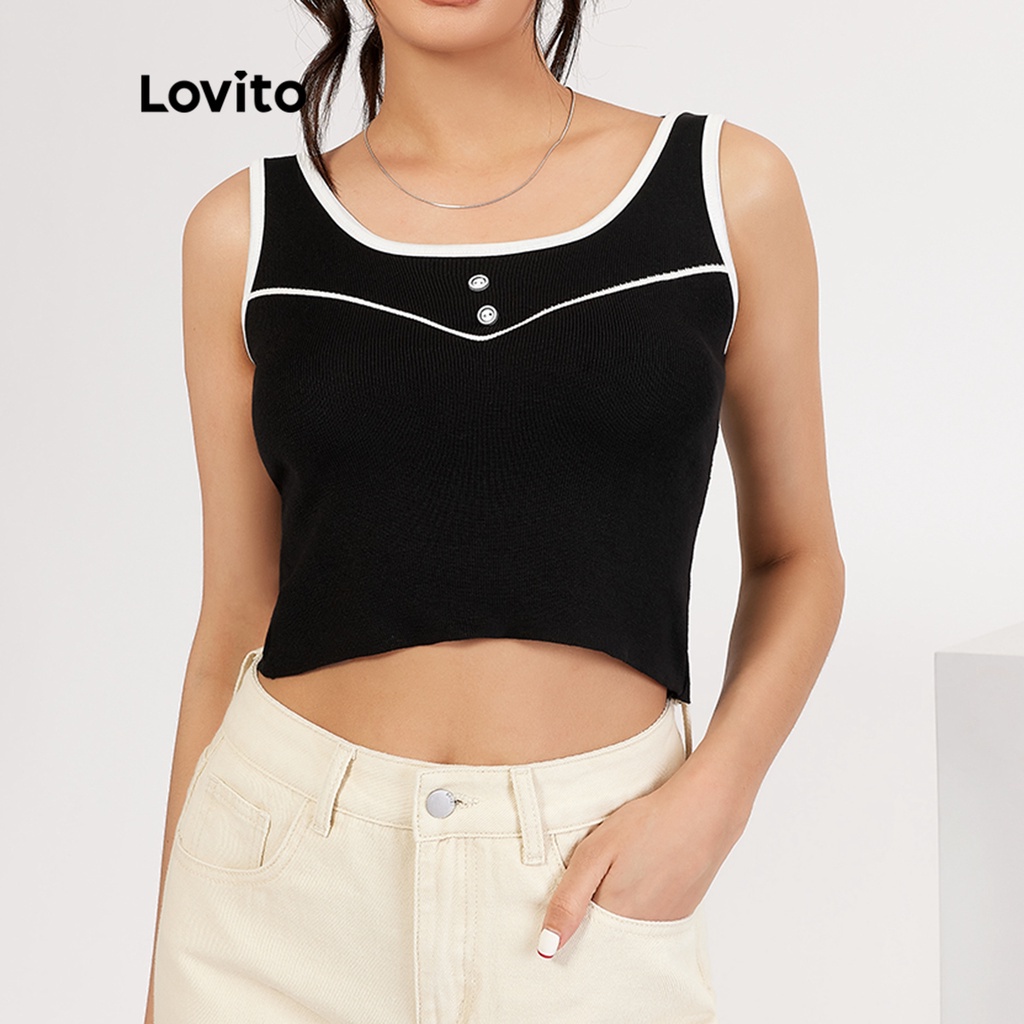 Áo dây Lovito có nút cài hở vai phối viền tương phản phong cách đơn giản thường ngày L18X267 (Đen)