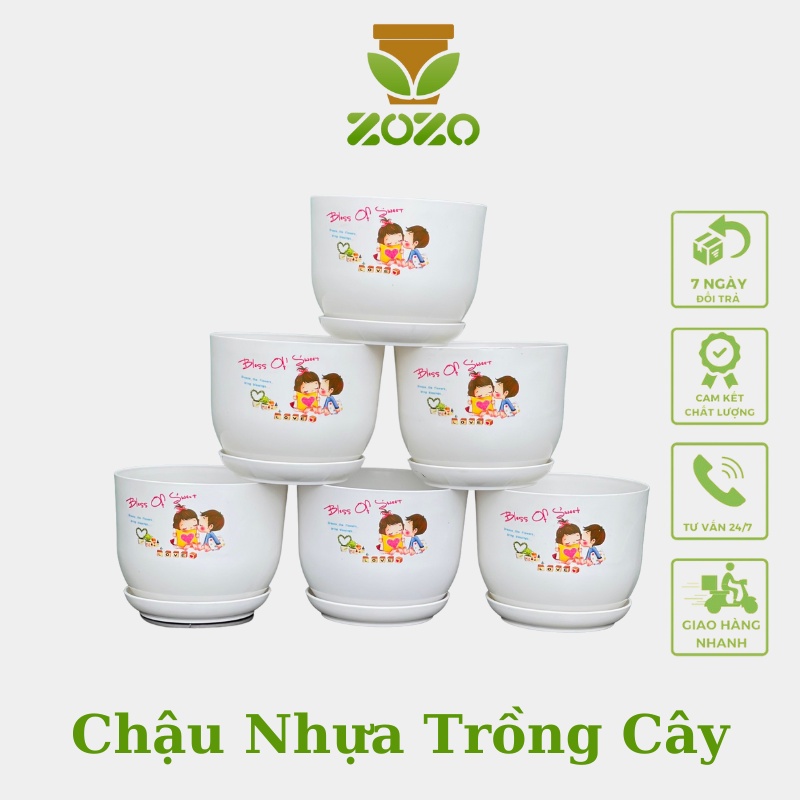 Chậu nhựa ZOZO trồng cây hoa mini để bàn giả sứ cao cấp trang trí cực xinh kèm đĩa lót