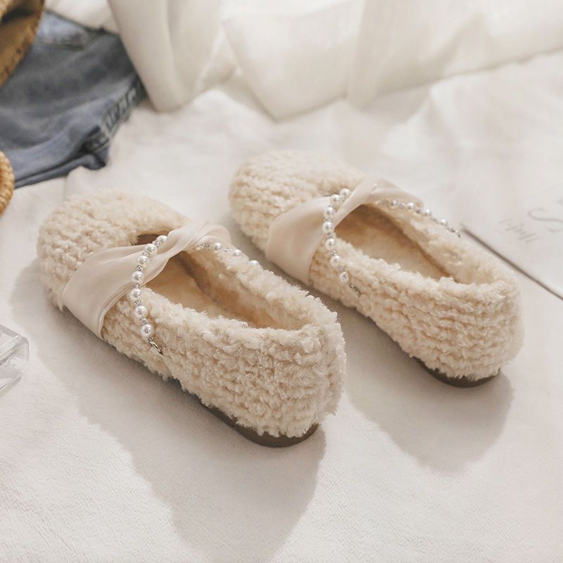 Giày Đế Bằng Phối Lông Nhung Dễ Thương Xinh Xắn Dành Cho Nữ