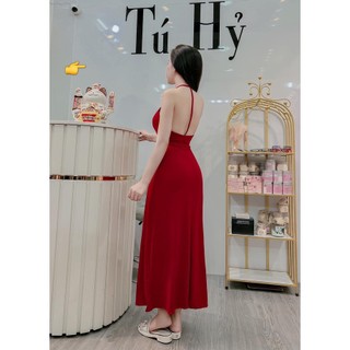 Đầm 2 dây nữ dáng dài xòe chất thun lụa kiểu có mút hở lưng