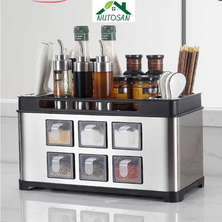Kệ gia vị INOX đựng đồ nhà bếp kết hợp hộp để gia vị, ống cắm đũa, thìa, dao, kéo thông minh_Nutosan
