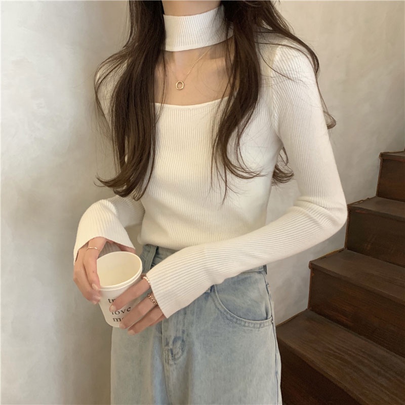 Áo Dệt Kim Tay Dài Dáng Ôm Cổ Tròn Khoét Lỗ Thời Trang Hàn Quốc Cho Nữ