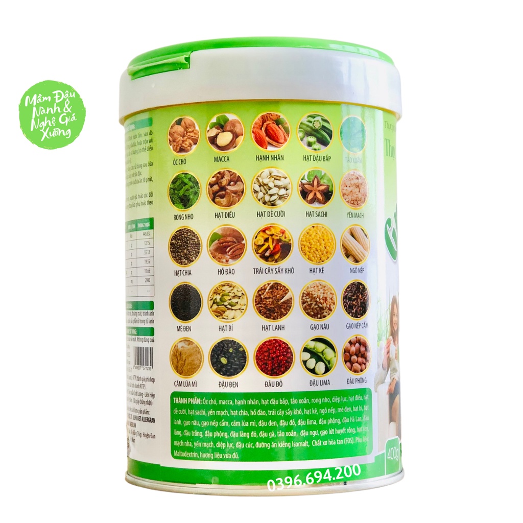 Sữa thực dưỡng 25 loại hạt ngũ cốc kèm diệp lục tảo xoắn rong nho hỗ trợ tăng cân giảm cân, bổ sung dinh dưỡng hộp 400g