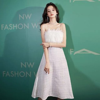 Váy dạ tweed đi tiệc sang chảnh phối lông mịn, dây ngọc trai