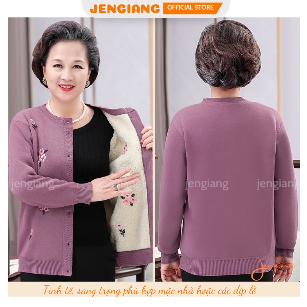 (Sẵn) Áo len lót lông cừu Jengiang dành cho bà cho mẹ trung niên họa tiết thêu hoa quà tặng cho người già giữ ấm dịp lễ