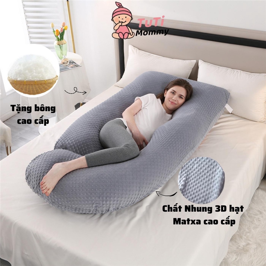 Gối ôm bà bầu chữ g vải nhung 3d có hạt matxa cao cấp - Tutimommy