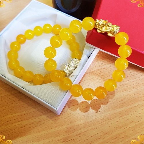 Vòng đá phong thủy màu vàng mix tỳ hưu tài lộc hợp nam nữ mệnh thổ kim tặng dây kim xâu và hạt dự phòng