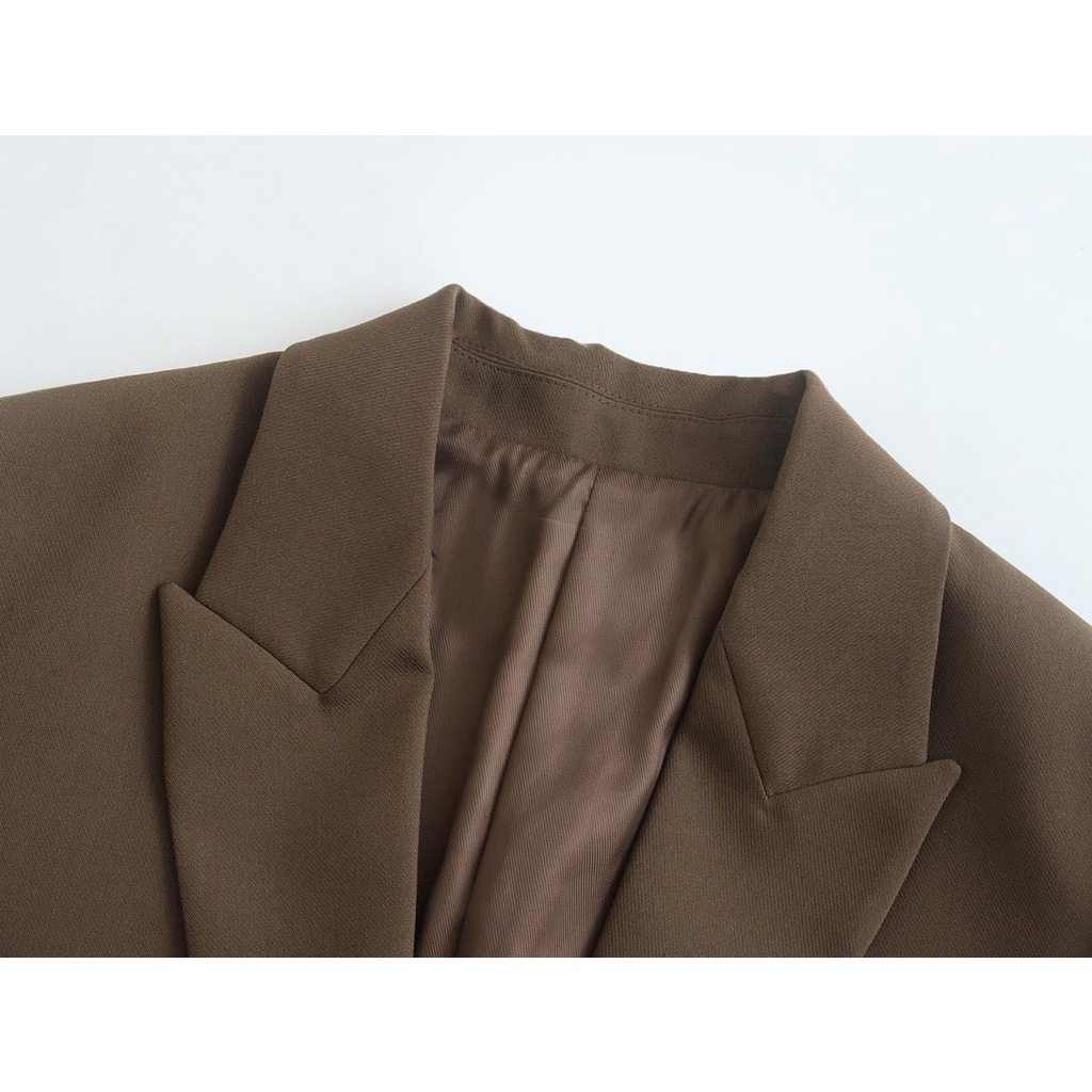 Áo blazer ZR màu nâu tây cho nữ, áo vest nữ dài tay 2 lớp có đệm vai cá tính phong cách Hàn Quốc