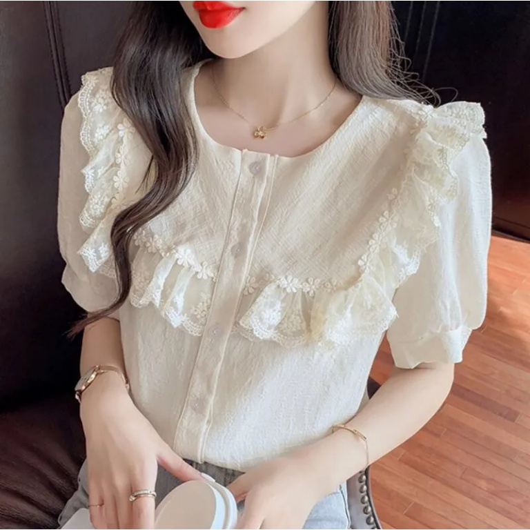 Áo Kiểu Tay Phồng Ngắn Phối Bèo Ngọt Ngào Phong Cách Pháp