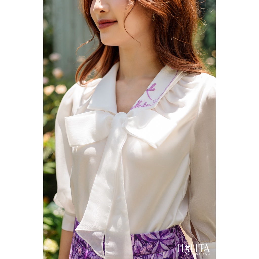 Set áo chân váy Halita LAVENDER áo sơ mi trắng nữ cổ áo thêu tay truyền thống phối chân váy chữ a hoạ tiết cáo và hoa