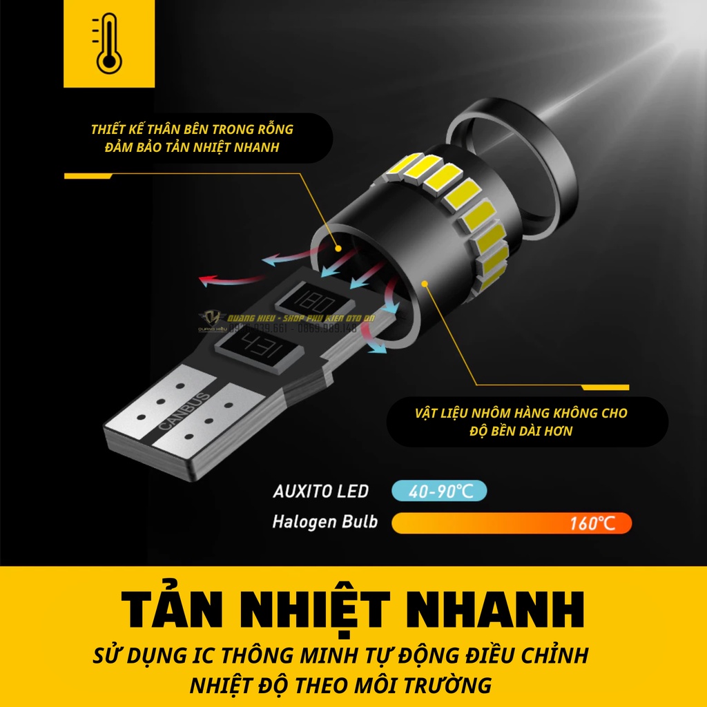 LED T10 Auxito canbus ánh sáng trắng đỏ vàng xanh không báo lỗi 6000k